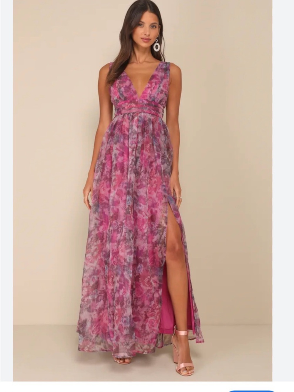 Lulu's Pink Floral V-Neck Maxi Dress with Side Slit